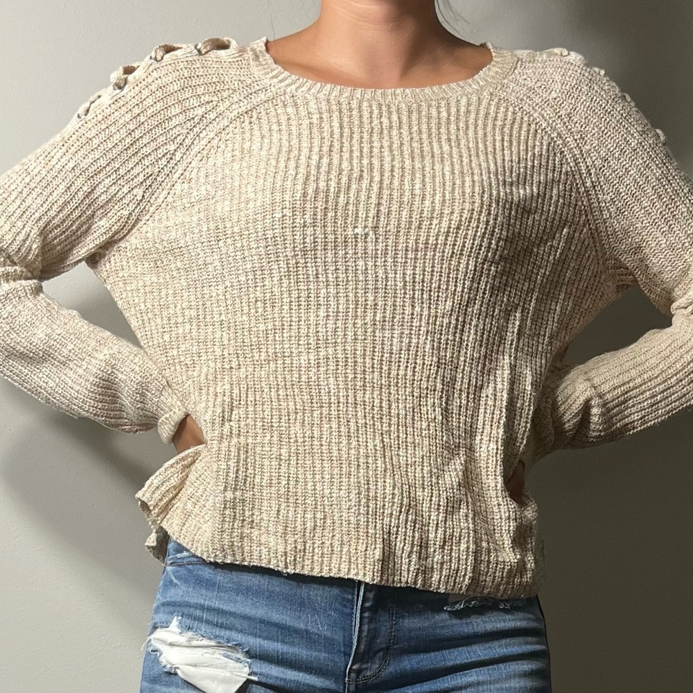Tan sweater with braided design. Cloud chasers brand. large tan sweater